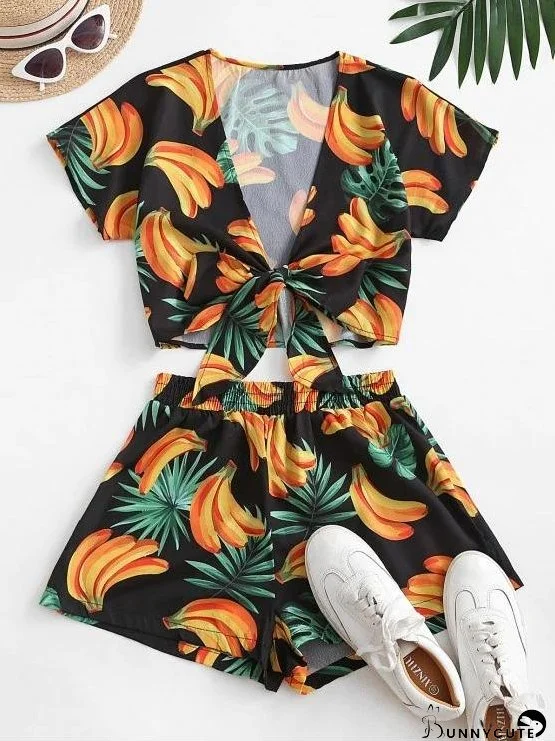 Bananas Print Tie Front Two Piece Set for Women