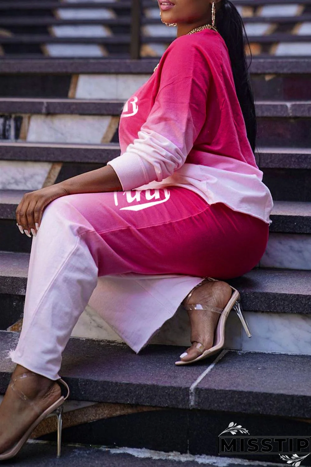 Blue Fashion Casual Gradual Change Letter Print Basic O Neck Long Sleeve Two Pieces