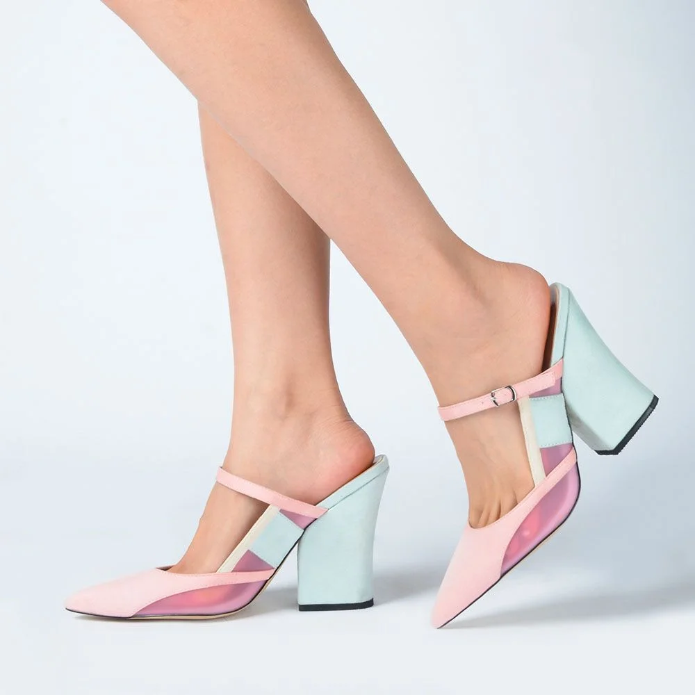 Pink And Blue Suede Mules Cute Marry Jane Block Heels Nicepairs