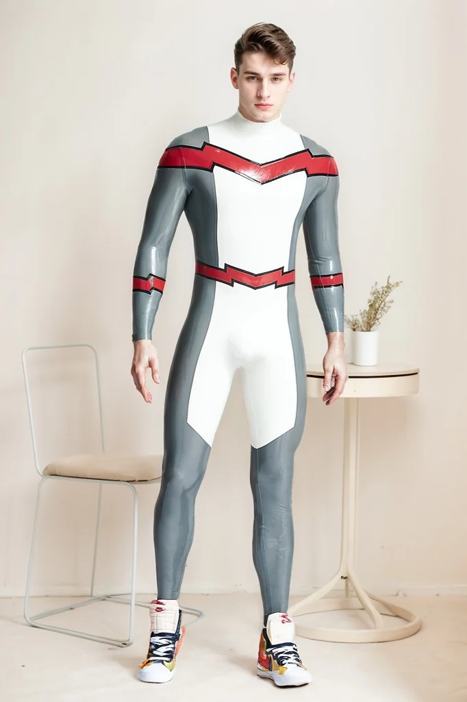 Men Latex Catsuits Male Firebolt Back Zipper Catsuit Sci  Fi Warrior Tech Aesthetic Catsuit