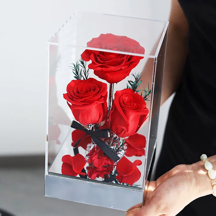 Multiple Colors 3 Heads Everlasting Rose Flower in Acrylic Box