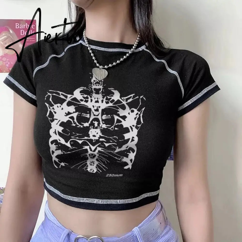 Y2K black sweet girl slim skull print fun vintage graphic clothes crop top E-girl Aiertu