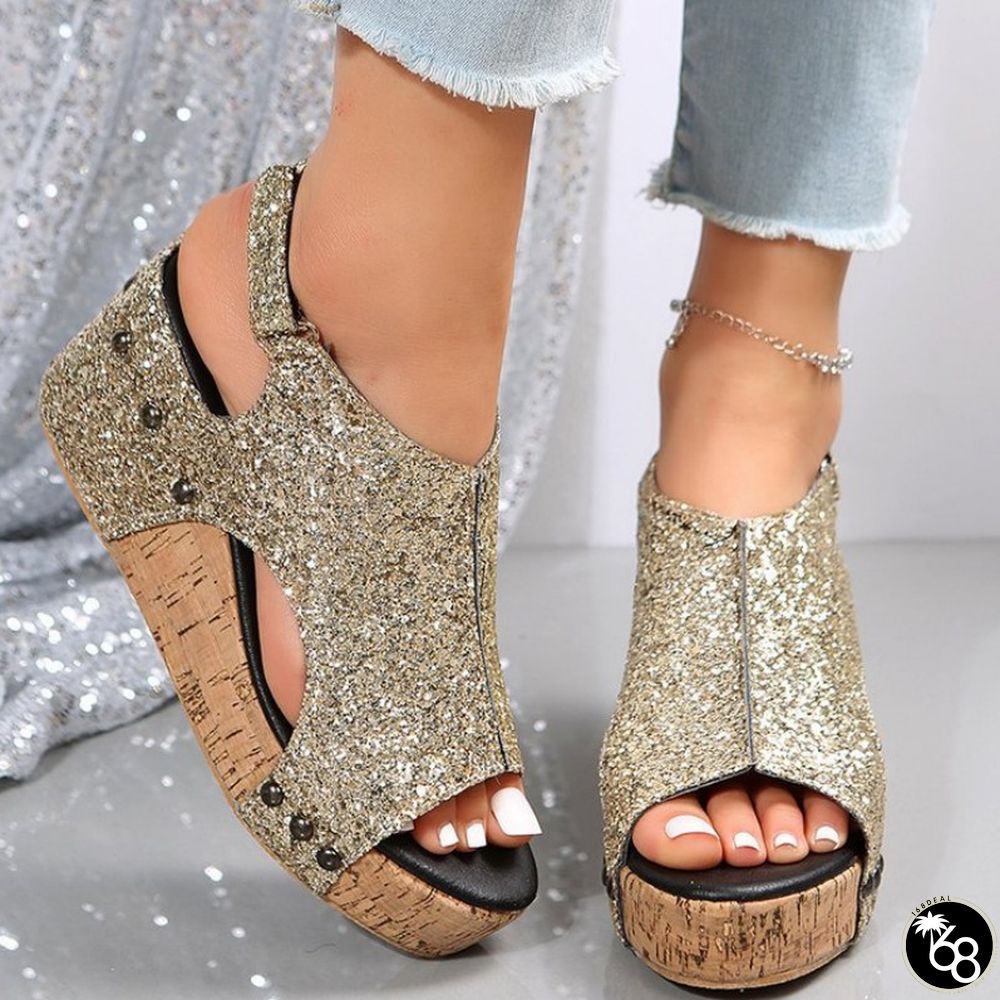 Gold Casual Hollowed Out Sequins Patchwork Fish Mouth Out Door Wedges Shoes | 168DEAL
