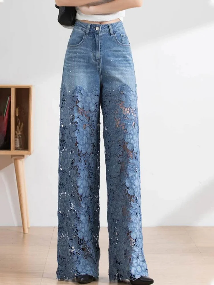 Fashion Rhinestone Denim Lace Patchwork High Waist Straight Leg Jeans