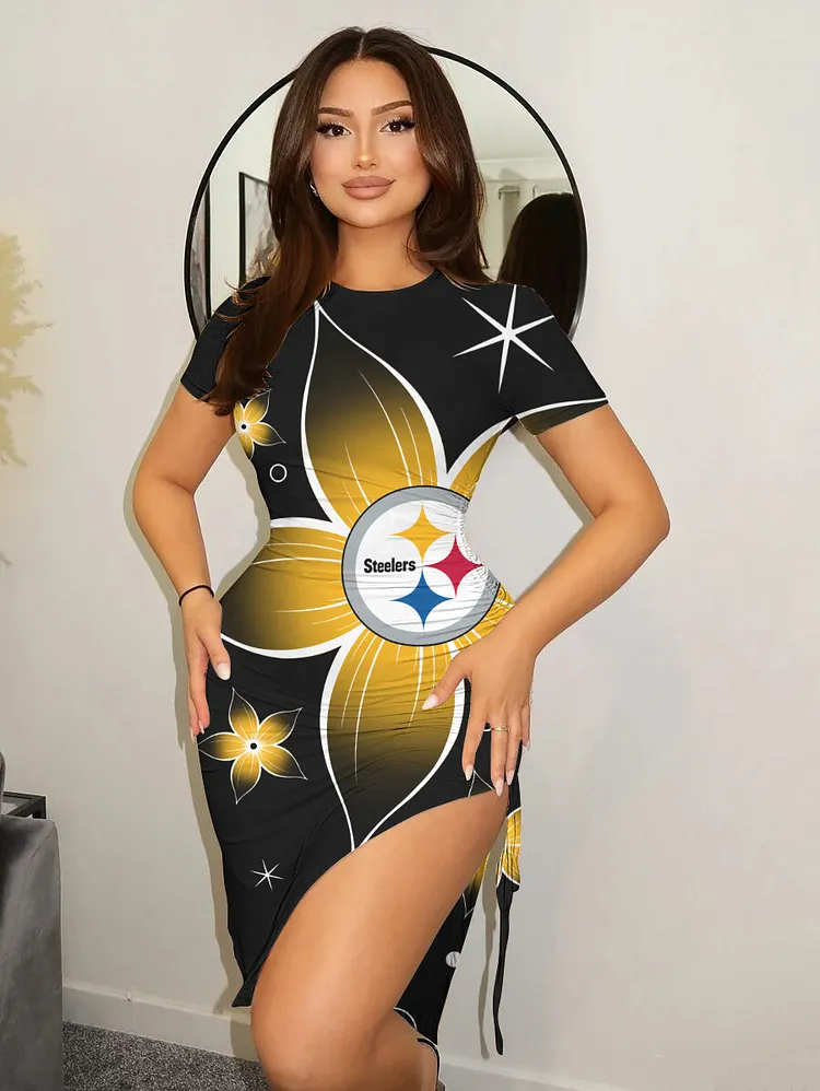 Pittsburgh Steelers  Women's Drawstring  High Slit Bodycon Dress