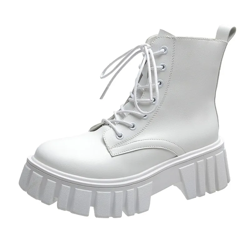 Punk Gothic Combat Boots Women Platform White Boots 2021 New Lace Up Black PU Leather Chunky Ankle Boots Female Designer