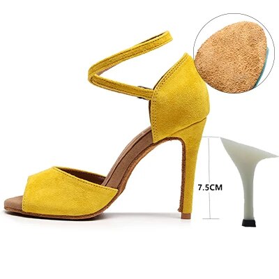 VCshoes Woman Latin Ballroom Yellow Modern Leather Dance Shoes Suede Sole Jazz Salsa Cuban Slim Heels Ladies Open Toes Leather Stiletto