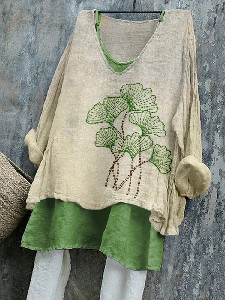 Simpfit Nachahmung aus Baumwolle und Leinenhemd im Vintage-Stil mit Ginkgoblatt-Drucken