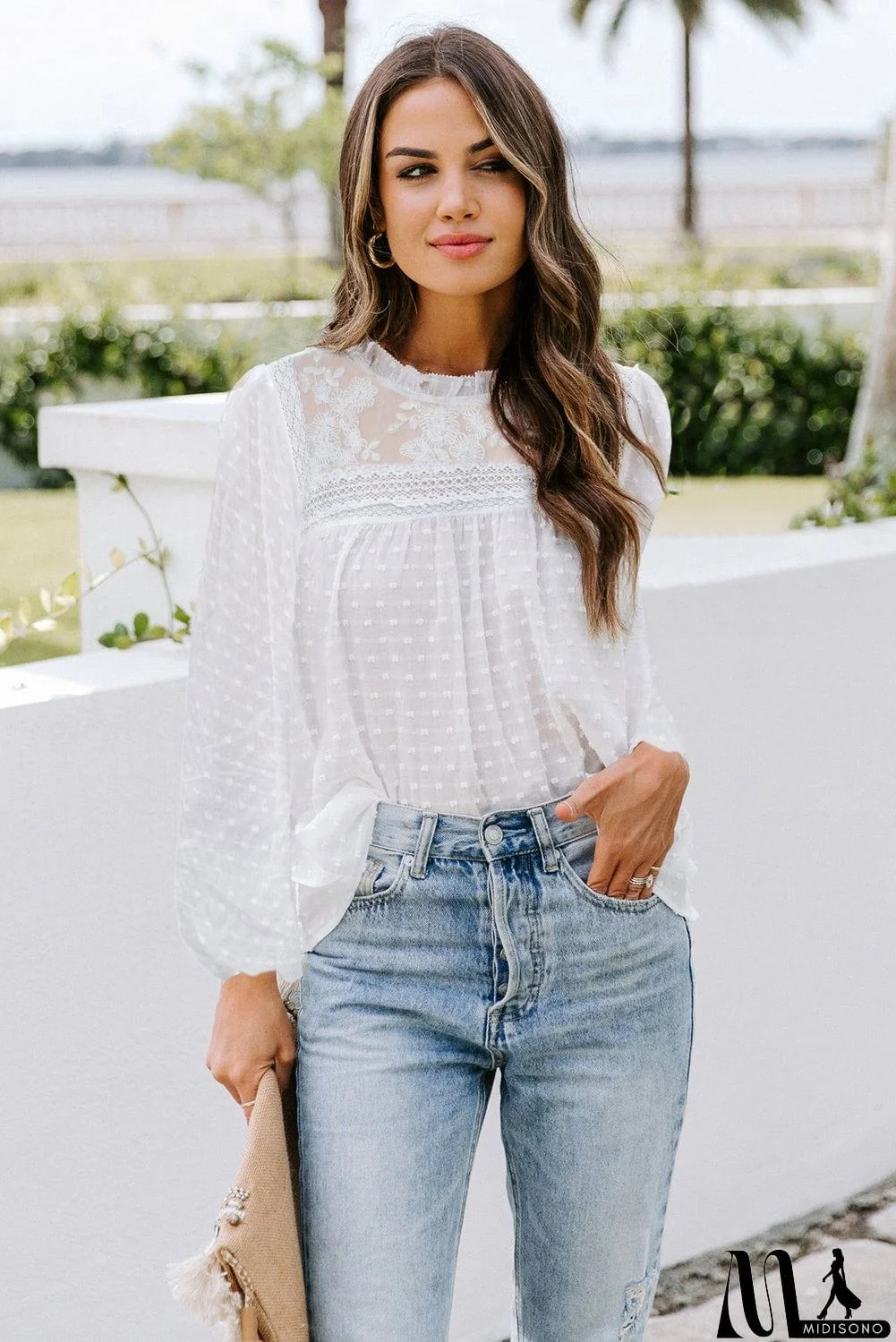 MidiSono - Frill Neck Swiss Dot Puff Sleeve Blouse