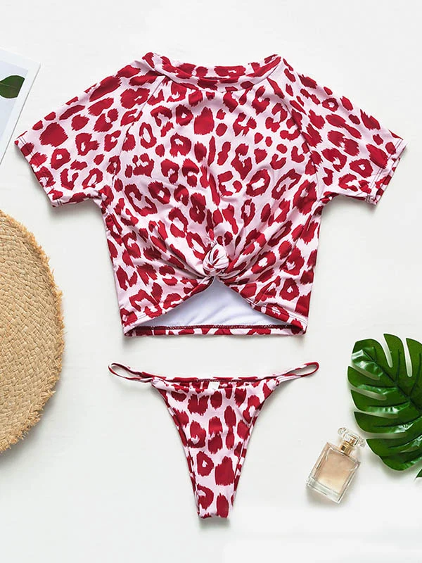 Animal Printing Round-Neck Short Sleeve Brazilian Tankini Swimwear
