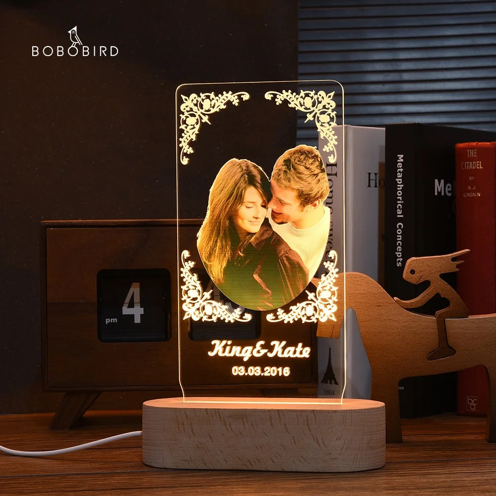 Customized Photo Frame USB Creative Wooden Base With Led Light Living Room Bedroom Decoration Custom Text Photo