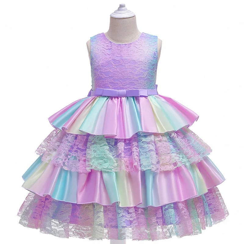 New Product Children Dress Princess Dress Rainbow Forged Fabric Birthday Dress Colorful Gradient Lace Princess Dress