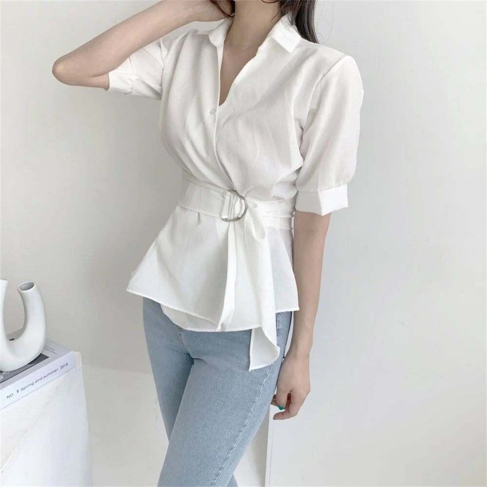 Jangj Alien Kitty S-L Chiffon Elegant Short Sleeve Shirts With Sashes Women Summer New Close Waist Fashion Casual Work Wear Blusas