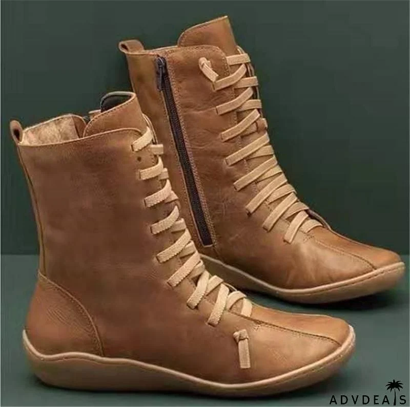 Side Zipper Round Toe  Thick Warm Low Heel Women's Shoes