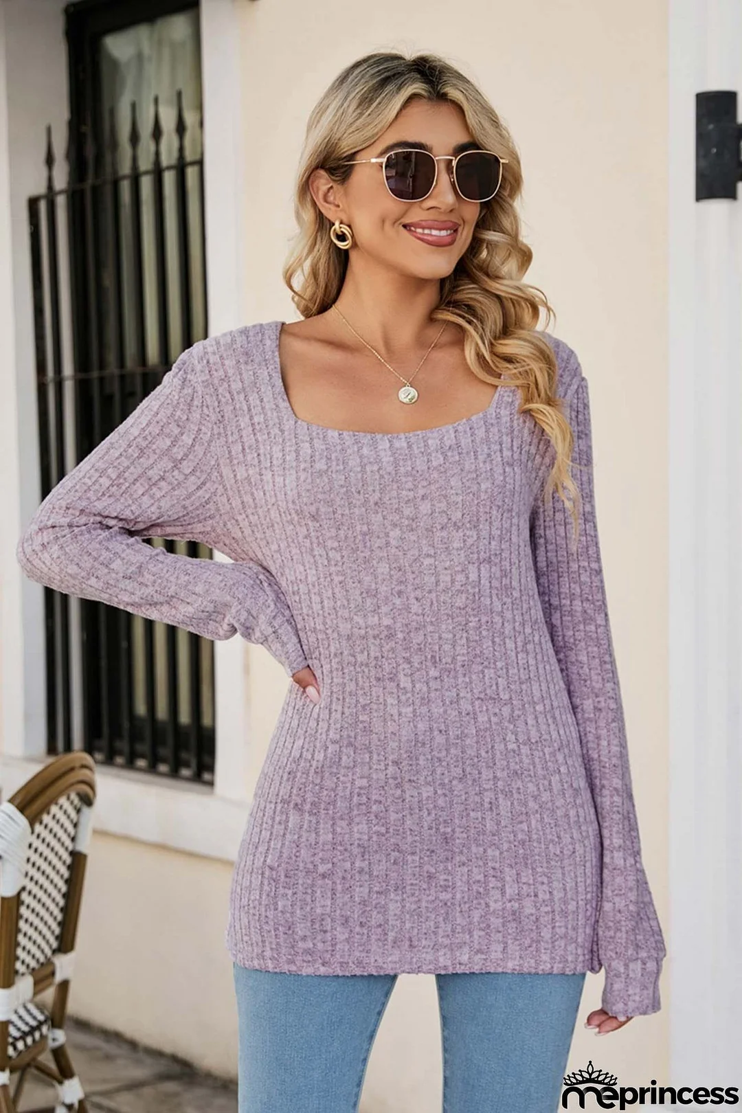 Casual Square Neck Ribbed Sweater