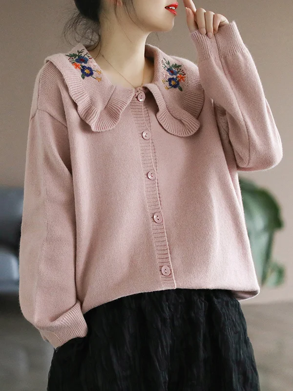 Vintage Wool Blend Knitting Embroidered Lapel Cardigan Outerwear