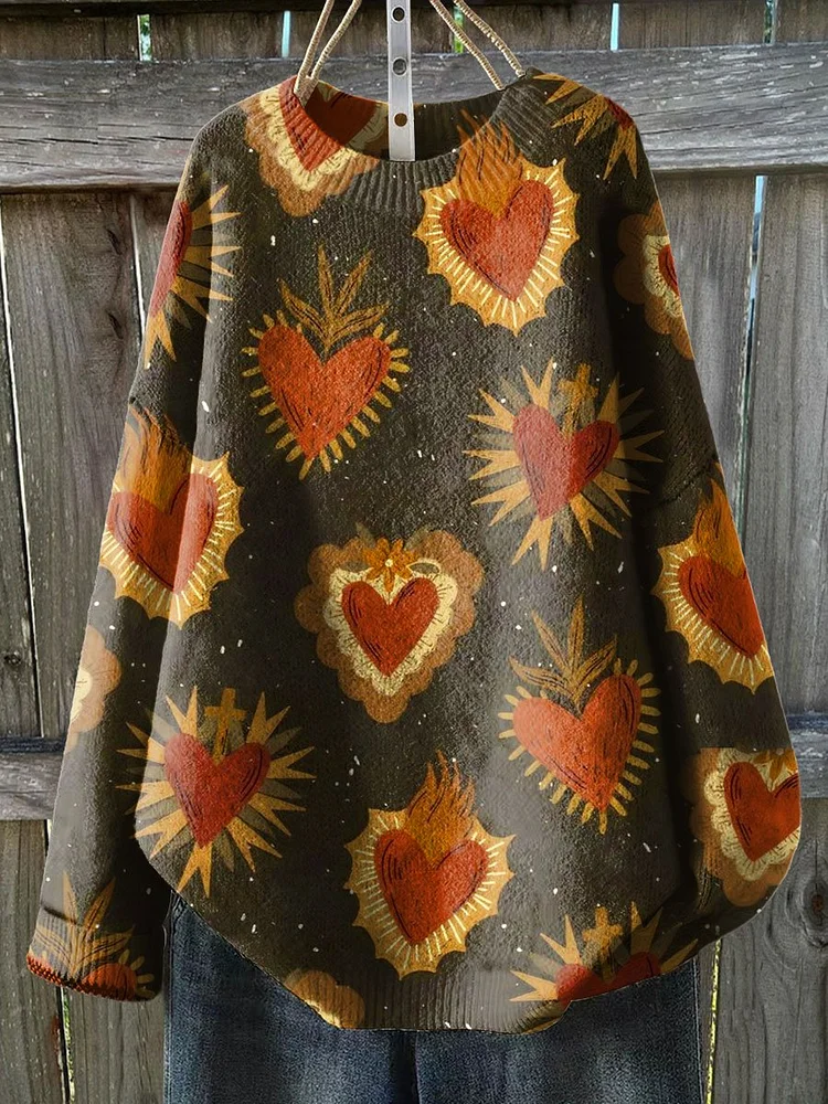 Vintage Jesus Heart Art Print Knit Pullover Sweater