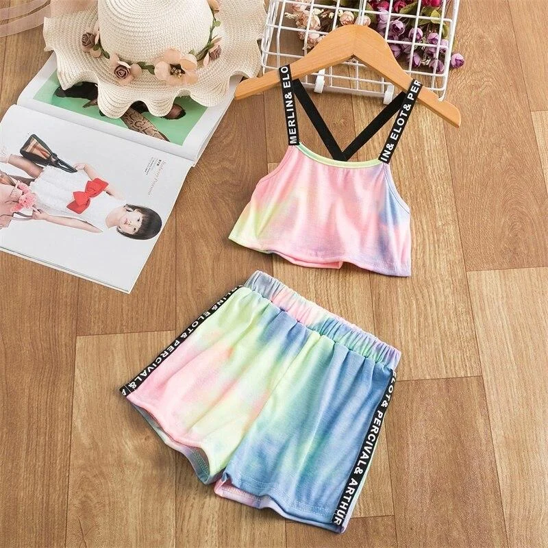 Summer Girls Tie Dye Clothing Set Gradient Sling Sleeveless Crop Tops+Pants Baby Kids Tracksuit Children Rainbow Party Beachwear