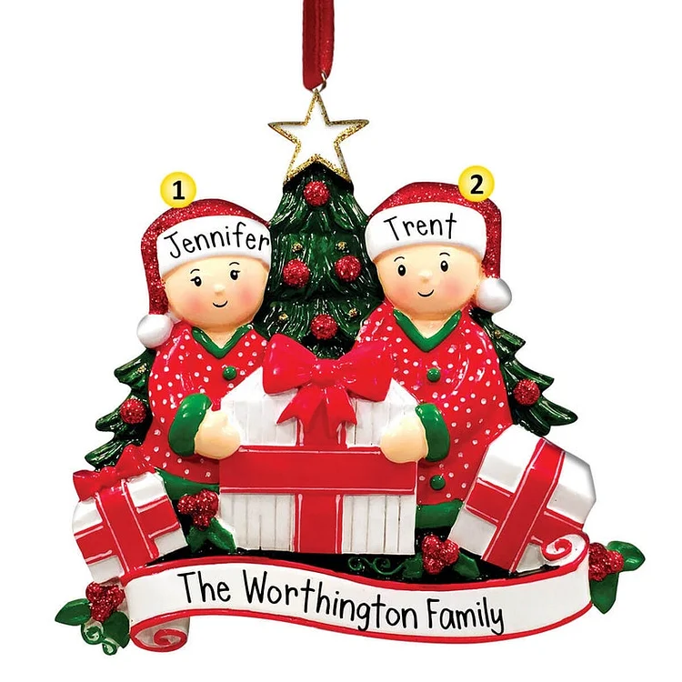 Cadeaux d'ouverture personnalisés Famille de 2 décorations de Noël