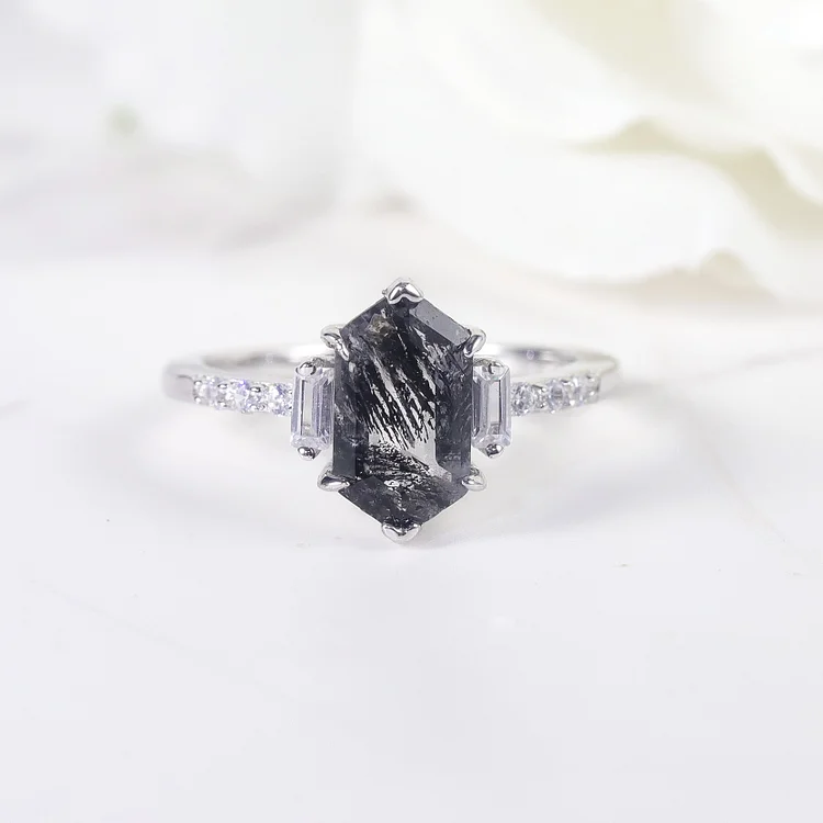 Hexagon Cut Natural Salt And Pepper Crystal Ring Black Crystal Herkimer Diamond Ring