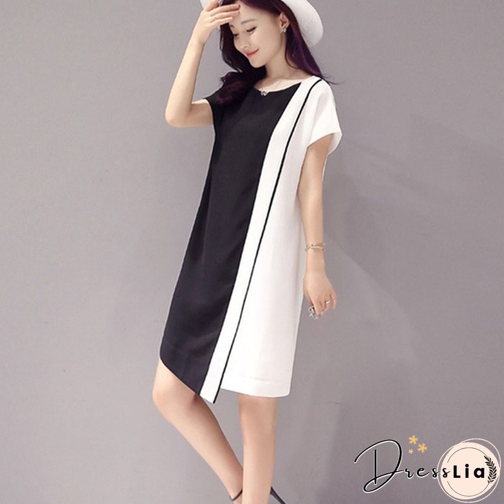 Summer Women Fashion Chiffon Mini Dress Black White Short Sleeve O-Neck Dress