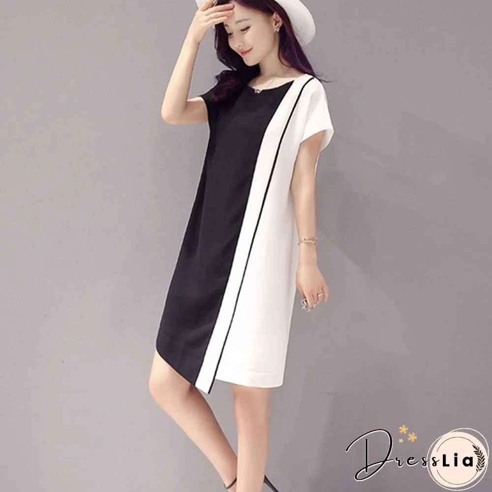 Summer Women Fashion Chiffon Mini Dress Black White Short Sleeve O-Neck Dress