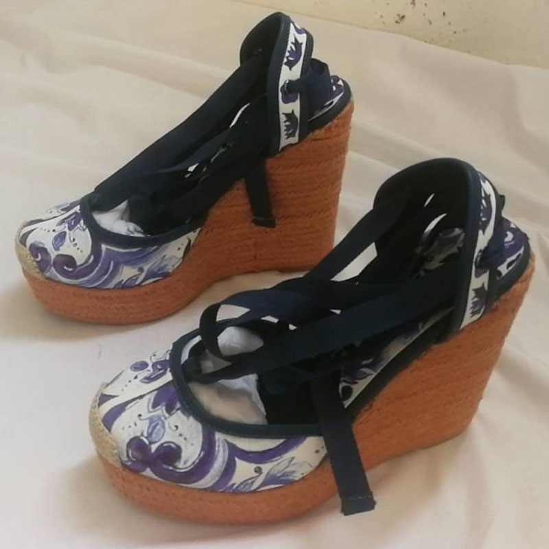 Red White Porcelain Sandals Woman Pointed Toe Platform Wedges Woven High Heels For Women Bandages Party Shoes