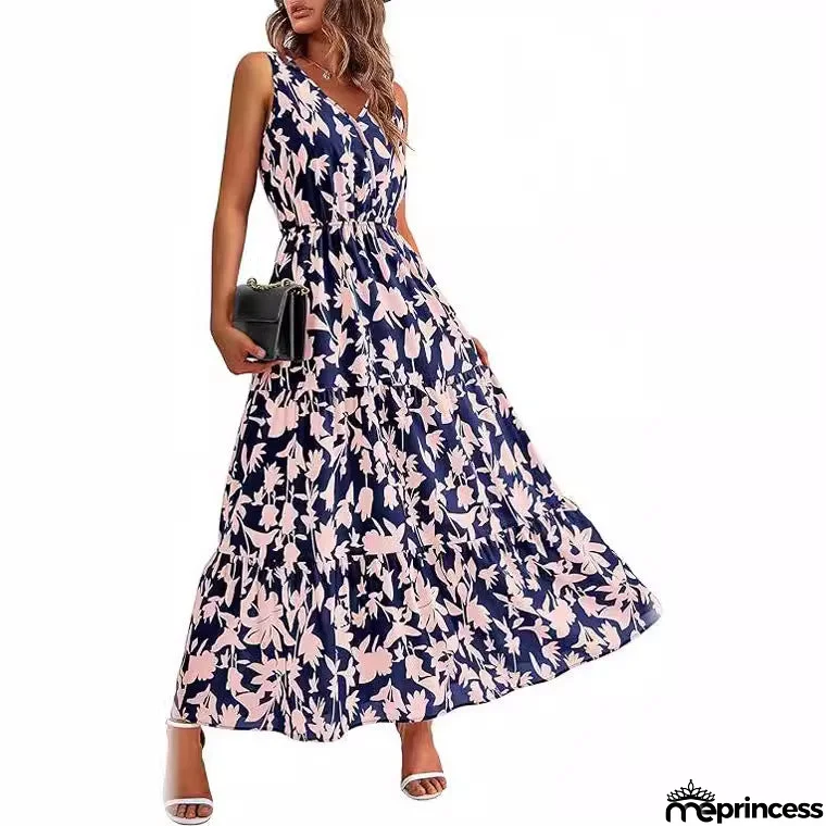 V-Neck Sleeveless Printed Maxi Dress