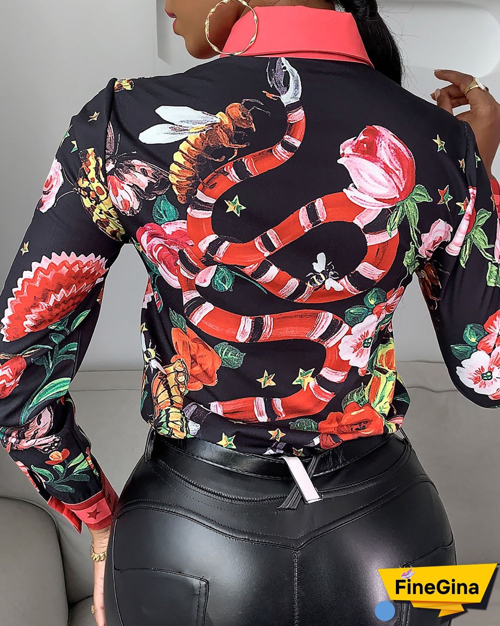 Tie Neck Floral Butterfly Print Long Sleeve Shirt P15964