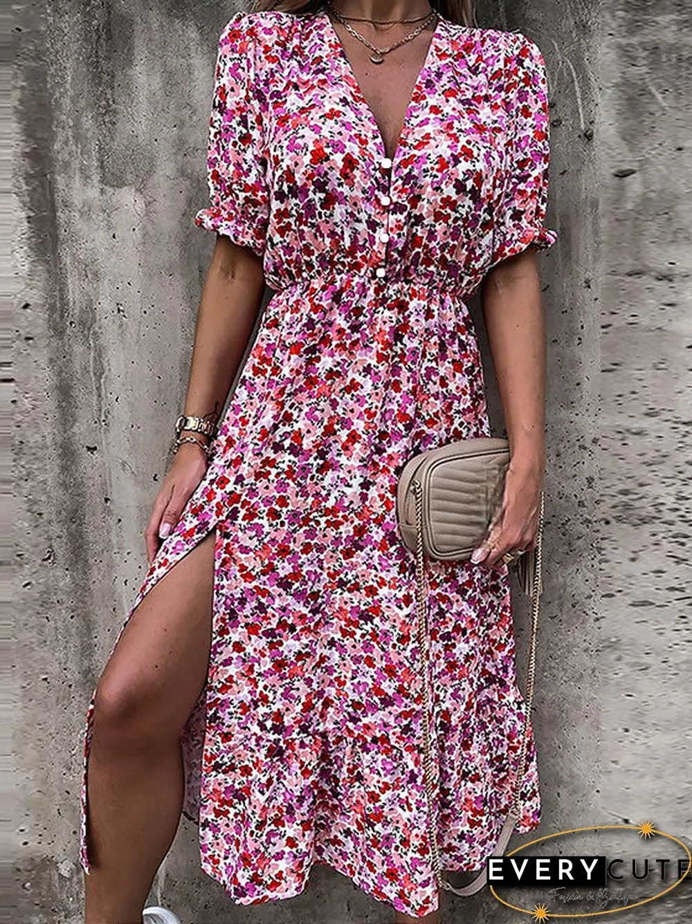 V Neck Side Split Short Sleeve Maxi Dress