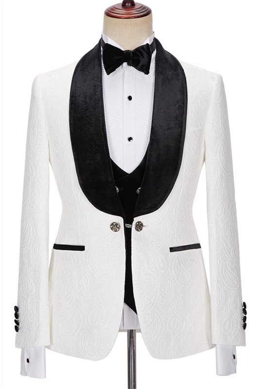 White Jacquard New Arrival Three Pieces Wedding Men Suits With Velvet Lapel | Ballbellas Ballbellas