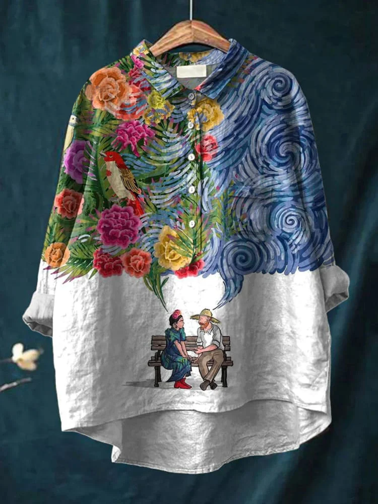 Womens Vintage Frida Kahlo And Vincent Van Gogh Print Casual Cotton And Linen Shirt