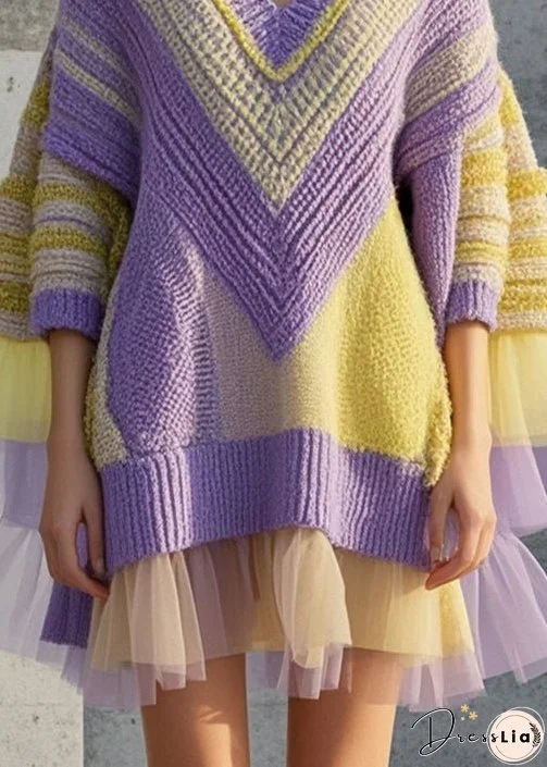 Original Design Purple Oversized Patchwork Knit Dress Fall