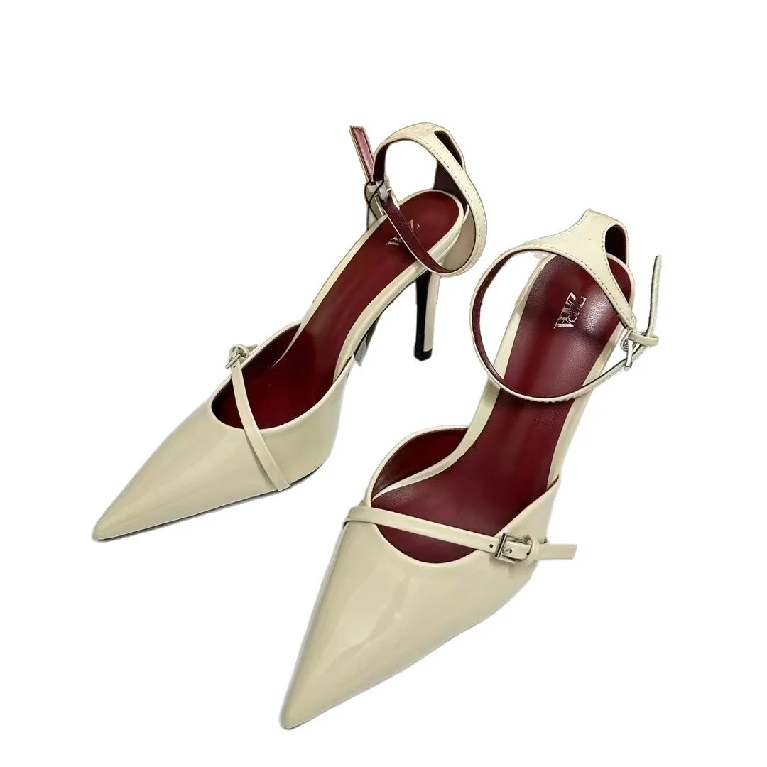 Breakj Breakj Home 2025 Fashion New Pointed Women's Shoes Classic White Patent Leather Shallow Heel Stumbling Women's High Heel Sandals