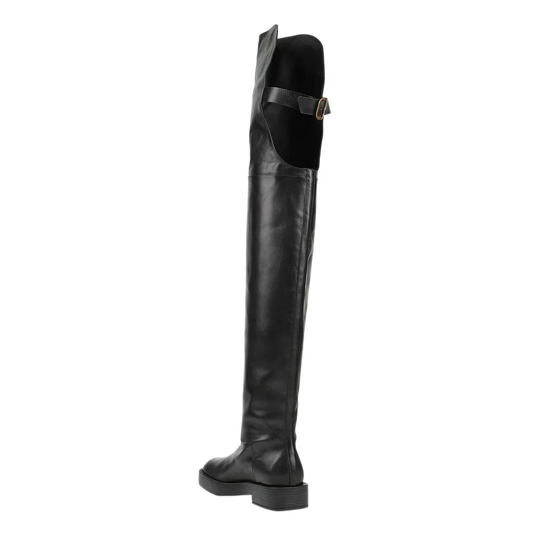 Black Round Toe Low Chunky Heel Cut Out Thigh High Boots with Buckle