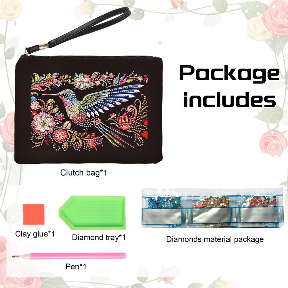 DIY Hummingbird PU Partial Special Shaped Diamond Painting Wallet Makeup Bag