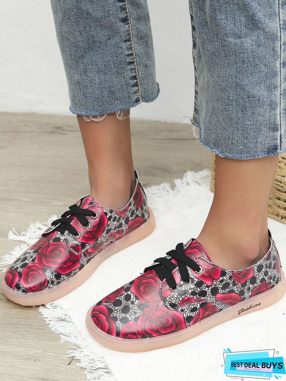 Floral Pattern  Lace-up Front Flat Shoes