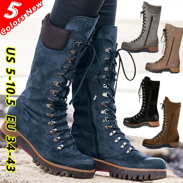 Women Boots Flat Heeled Winter Long Tube Leather Knight Boots Western Cowboy Boots Suede Leather Mid-Calf Anti Slip Waterproof Snow Boots Lace Up Military Combat High Boots - Shop Trendy Women's Clothing | LoverChic
