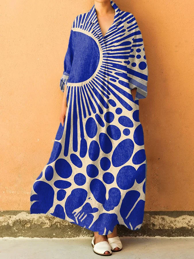 Women's Vintage  Abstract Geometry  Art Print V-Neck Pocket Cotton Dress
