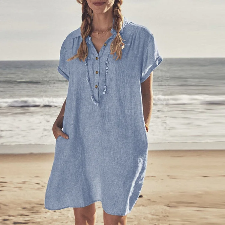 Cotton Linen Shirt Dress Pocket Dress Beach Skirt Casual Skirt socialshop