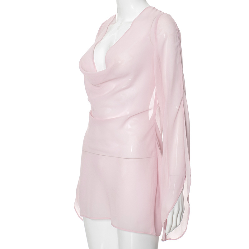 JULISSA MO Sexy Backless See Through Mesh Women Dress Pink Long Sleeve Deep V-neck Dress Female Summer Loose Elegant Beachwear