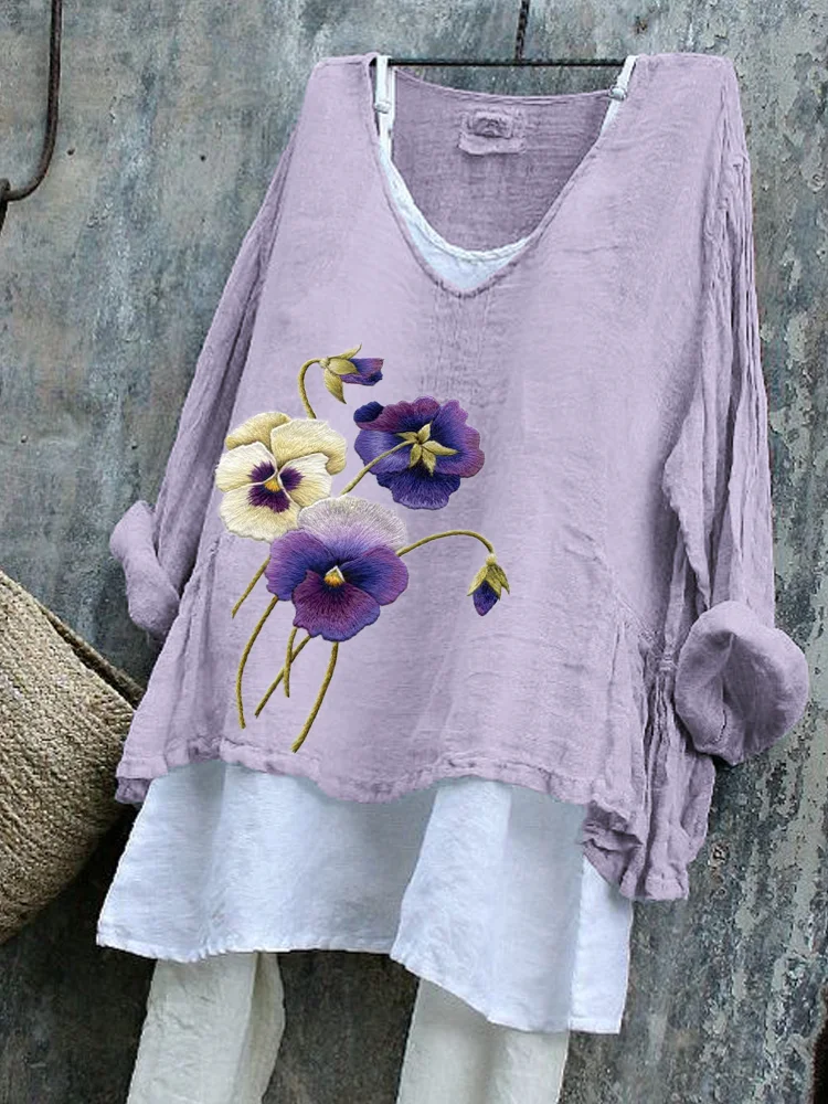 Comstylish Classy Pansy Flowers Embroidered Linen Blend Tunic