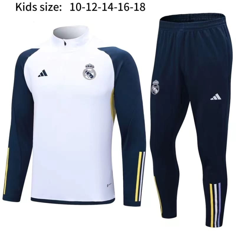 23-24 Kids Real Madrid Half Zipper Long Sleeved White Training Suit