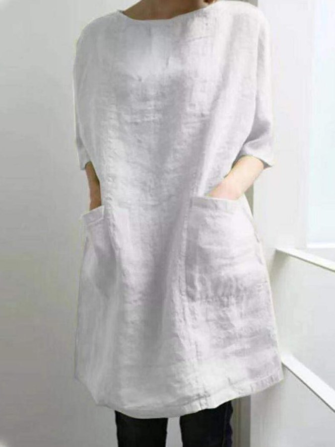 Ladies Cotton Linen New Round Neck Pocket Mid Sleeve Dress