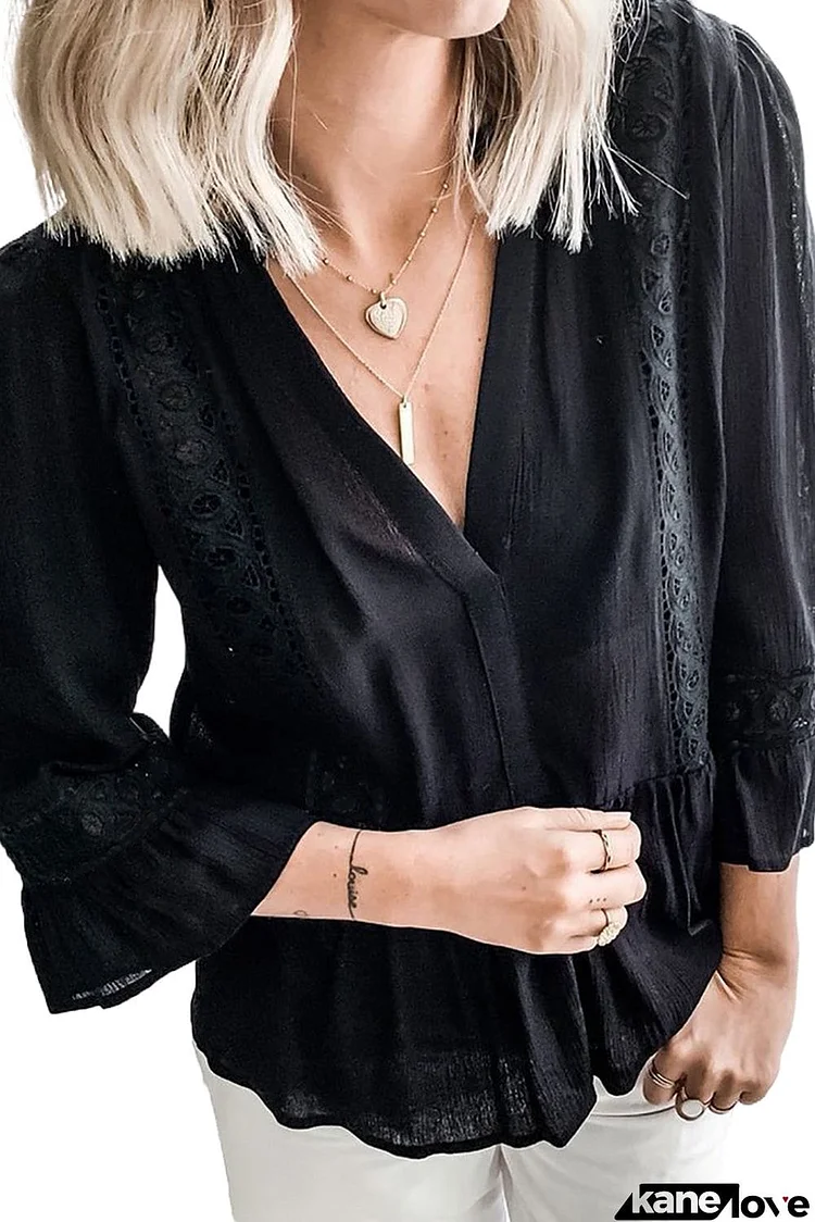 Lace Ruffed 3/4 Sleeve V Neck Shirt