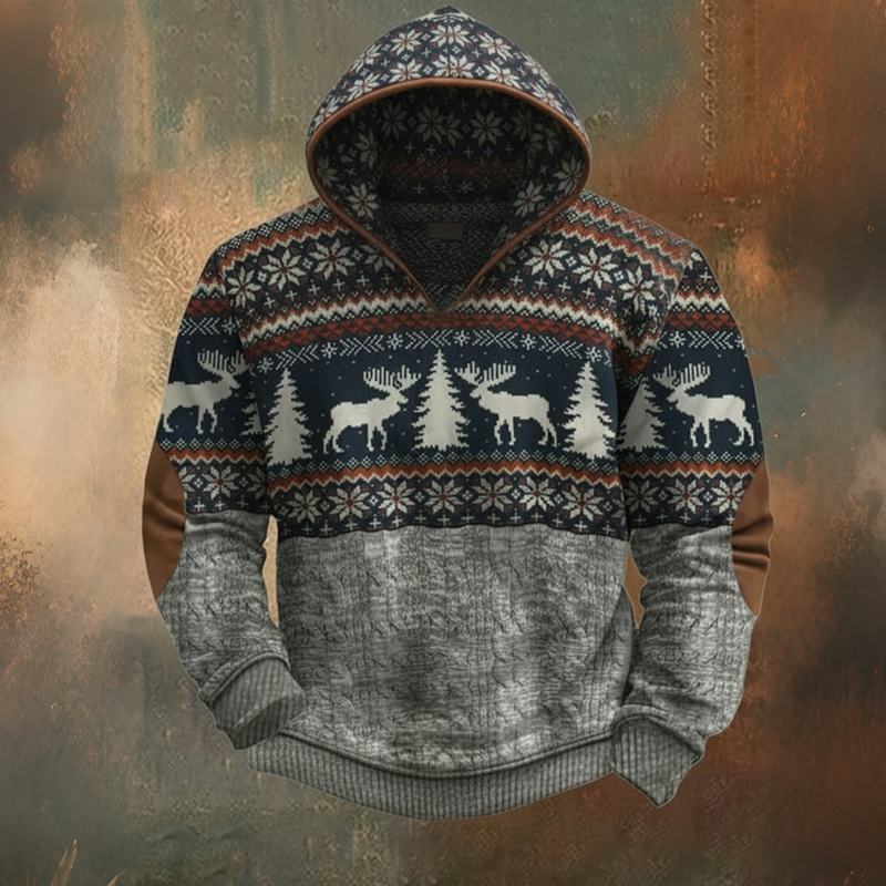 Men's Vintage Merry Christmas Deer Art Hooded Flannel Sweatshirt elevenforest