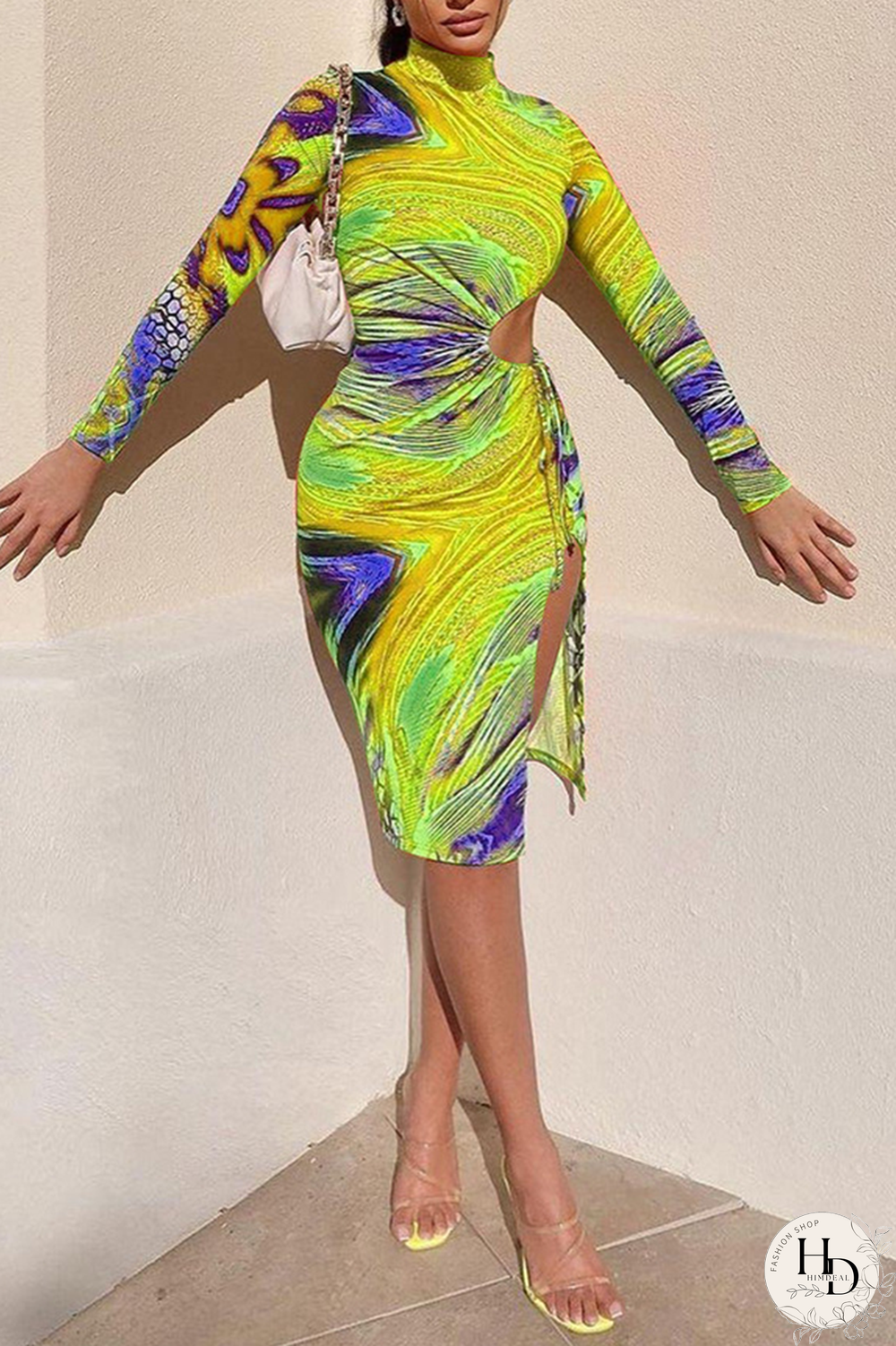 Tangerine Red Sexy Print Hollowed Out Half A Turtleneck Pencil Skirt Dresses