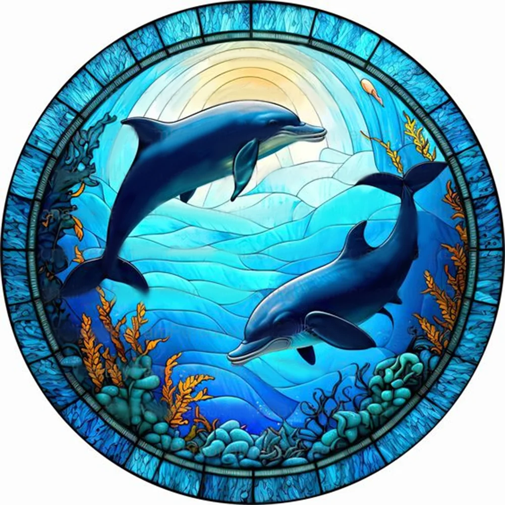 Full Round Diamond Painting - Stained Glass Dolphin(Canvas|30*30cm)