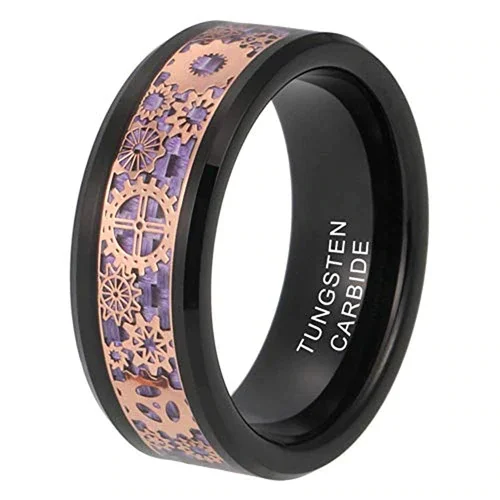 Women's or Men's Tungsten Carbide Wedding Band Watches Gear Rings,Wedding ring band Violet Purple Carbon Fiber Inlay Black Bands with Rose Gold Mechanical Gears,Tungsten Carbide Ring With Mens And Womens Rings For 4MM 6MM 8MM 10MM