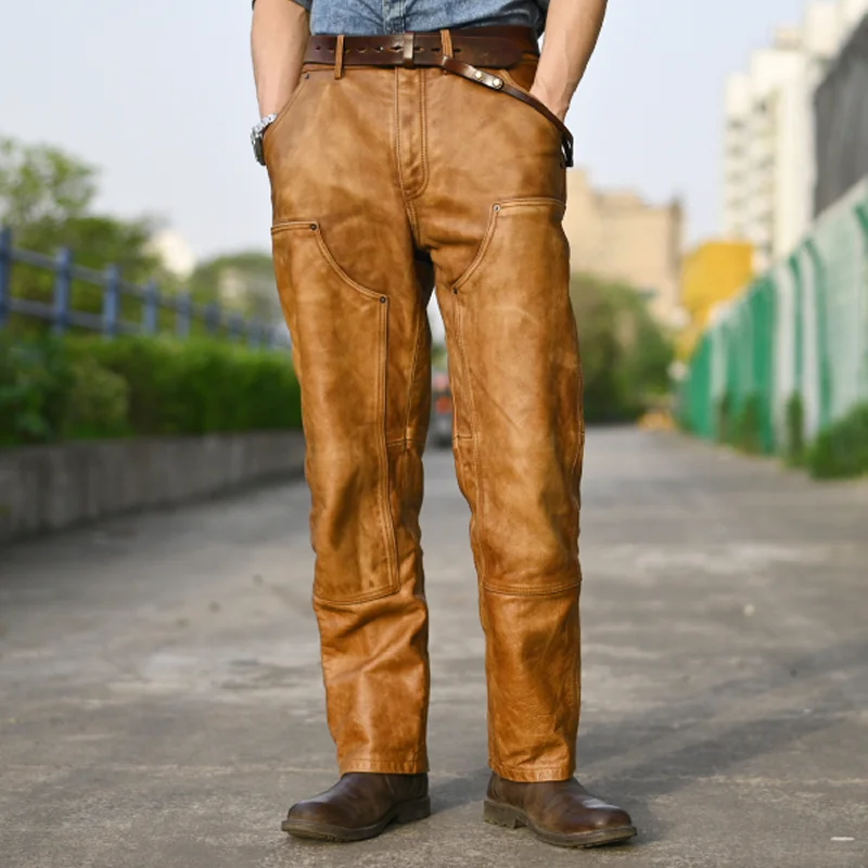 Retro Western Style Leather Loose Casual Straight Pants